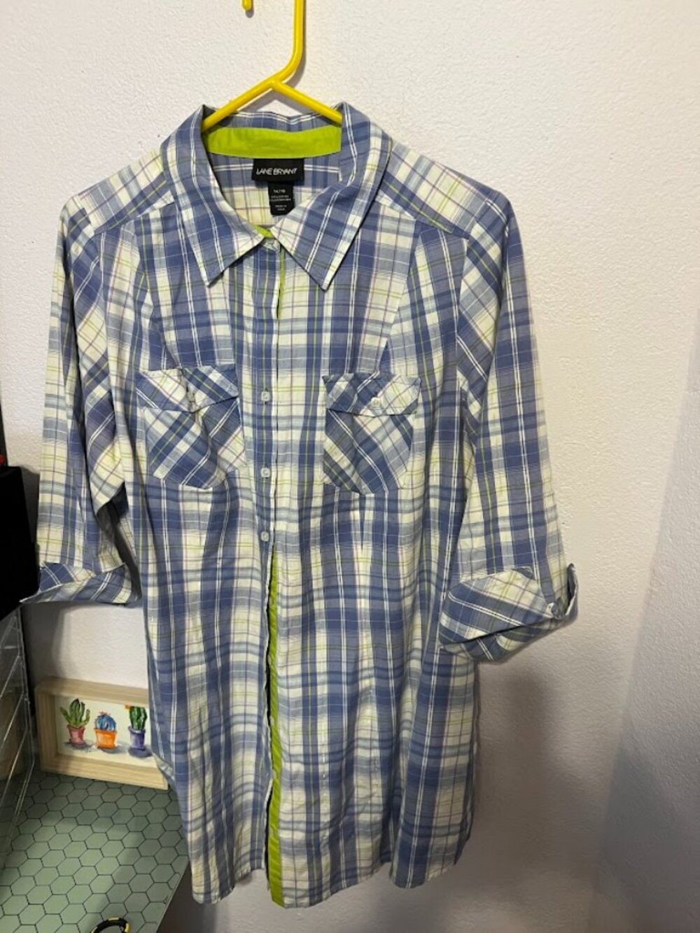 Lane Bryant 14/16 plaid blue/green silver button down
